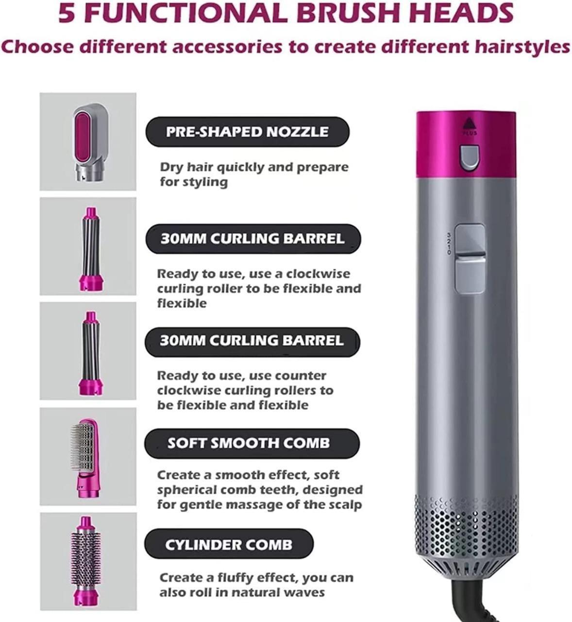 GlamPro 5-in-1 Styler  Hair Dryer Styling Tool, Detachable 5-in-1 Multi-Head Hot Air Comb, The Negative Ion Automatic Suction Hair Curler